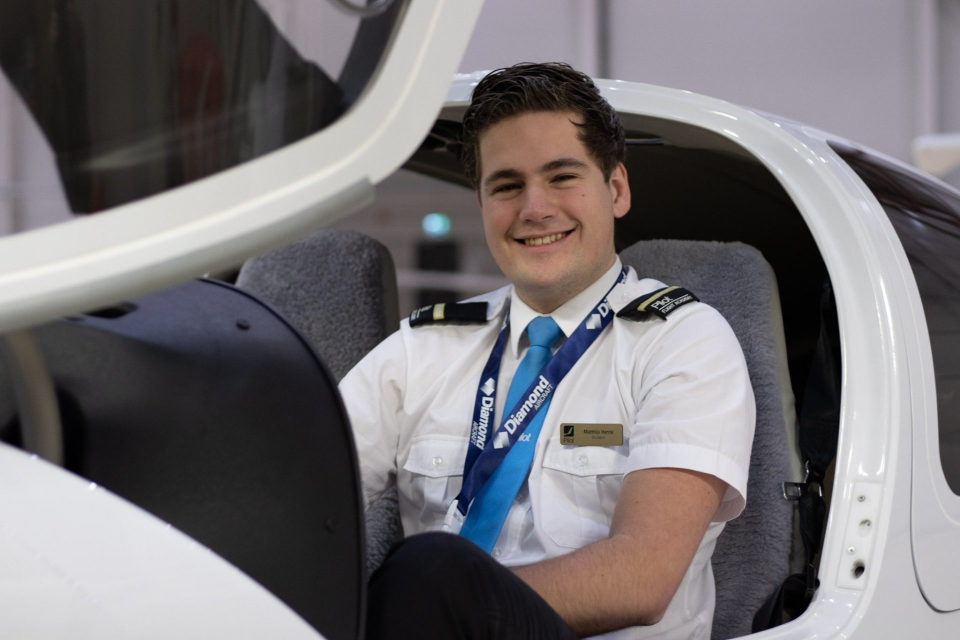Matthijs Herrie - student pilot in cockpit of training aircraft. Photo.